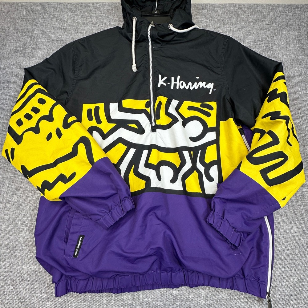 Members Only Keith Haring Windbreaker Jacket Men Medium Lined Pop Art FLAW READ